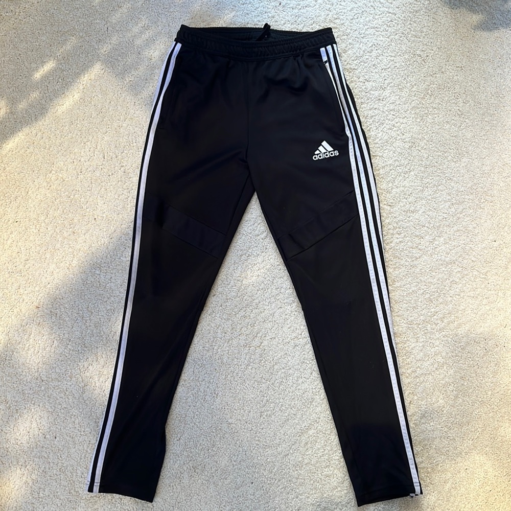 Adidas light weight sweat paints, black with white stripes; size youth large